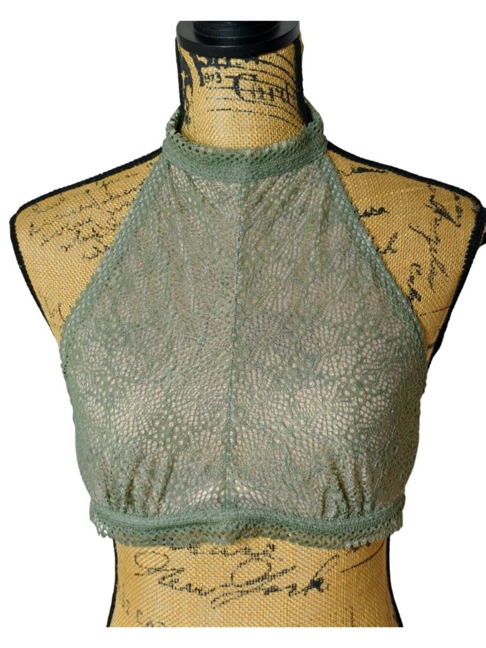 Victorias Secret L High Neck Halter Bralette Very Sexy Olive Lace Hook Back